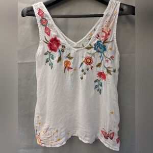 Johnny Was White Embroidered Floral Tank Top with Multicolor Accents